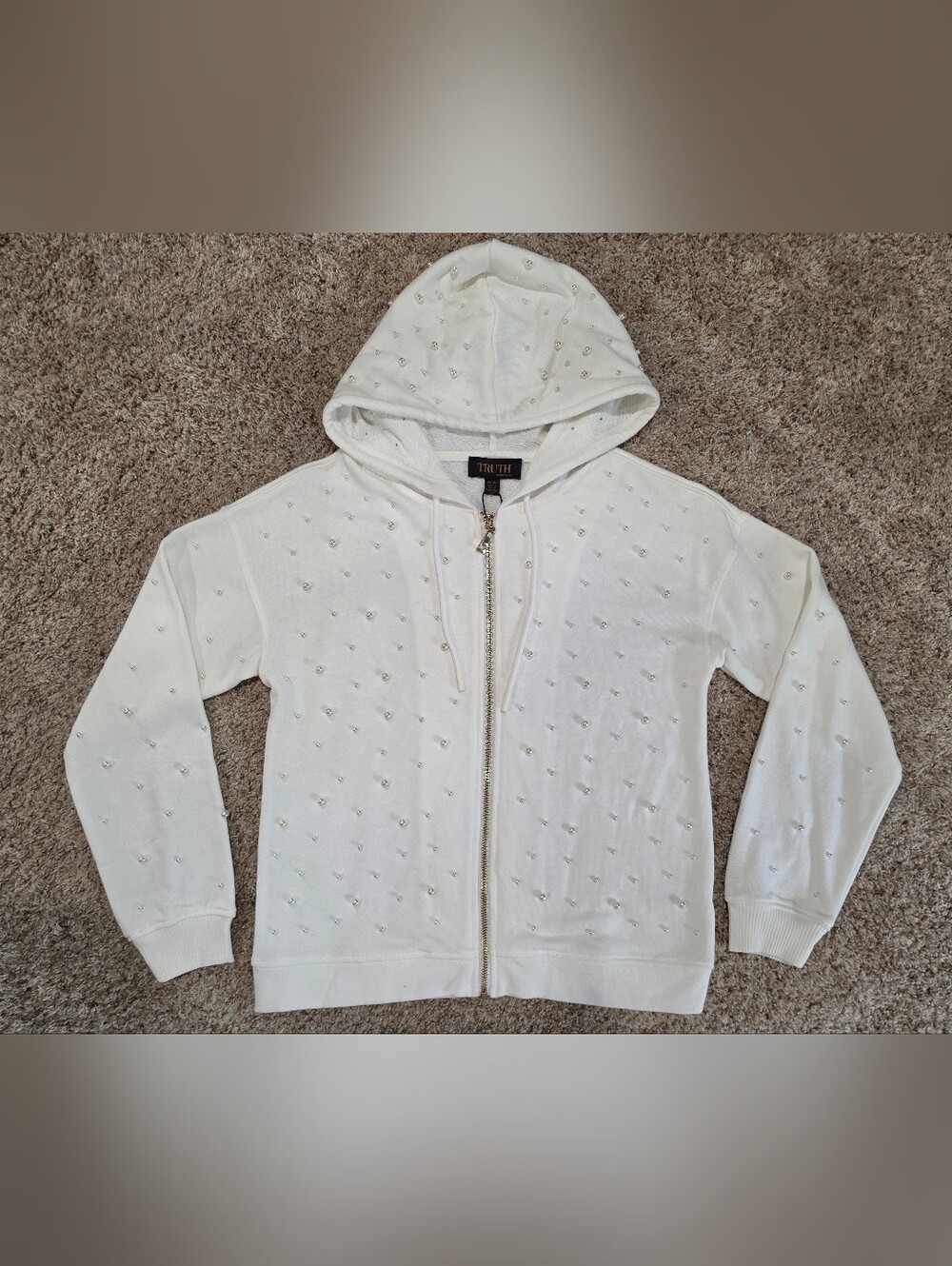 Truth By Republic Ivory White Pearl-Embellished Zip Hoodie XS New